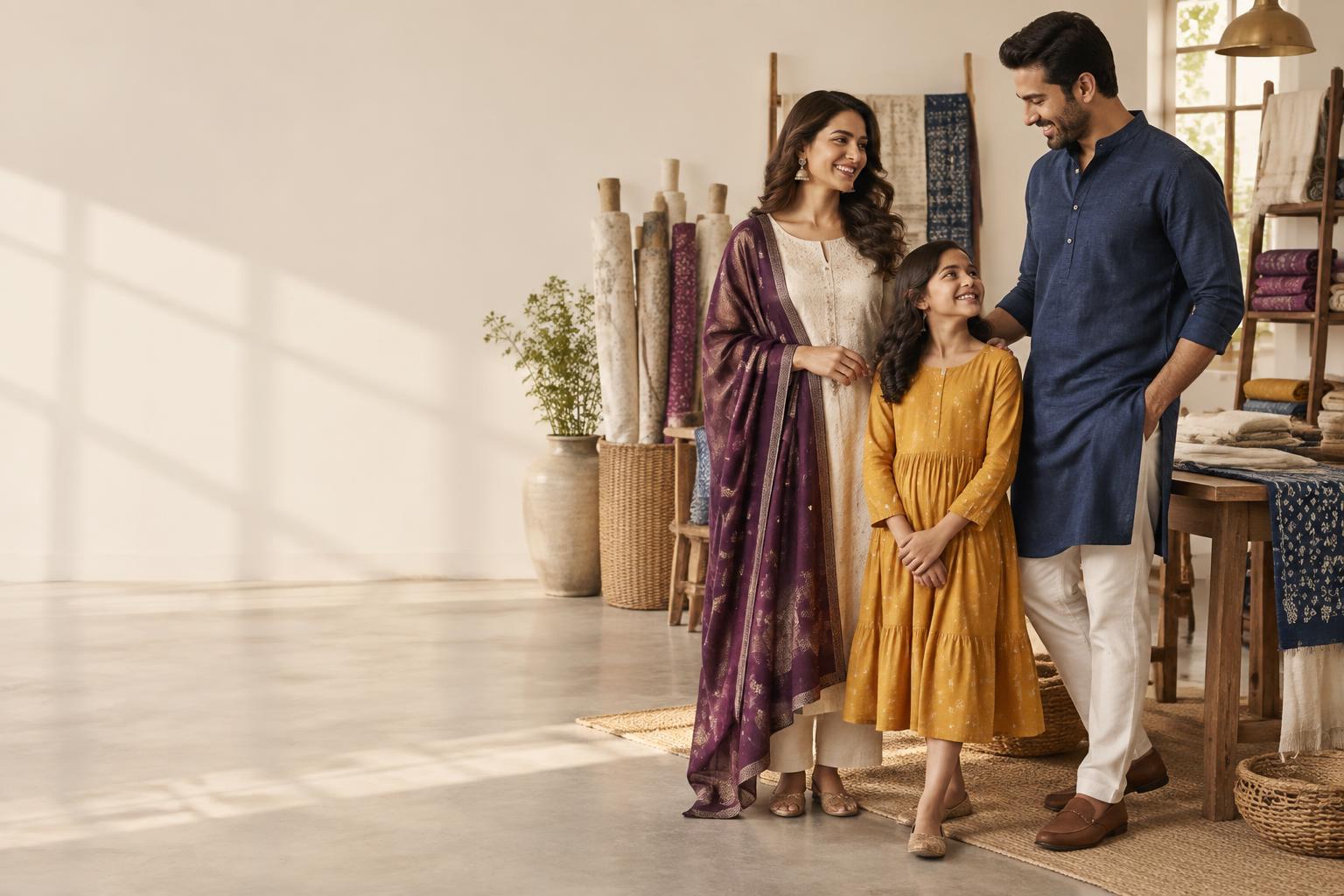 Family exploring textiles and clothing in a bright Surat atelier